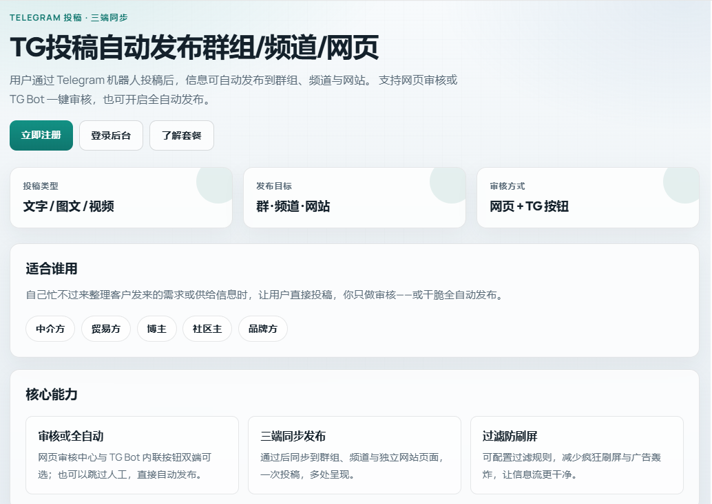 TG投稿自动发布群组/频道/网页
